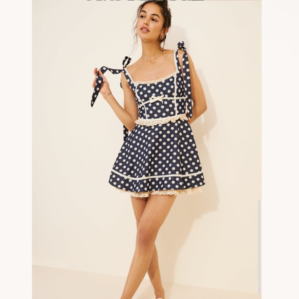 For Love & Lemons Dolly Denim Polka Dot Mini Dress Free People Size XL NEW $229 - Picture 9 of 16